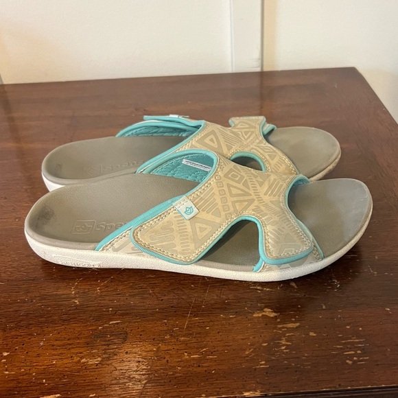 SPENCO Beige and Teal Adjustable Slide Sandals size 8 Tribal Slide Women's - Picture 2 of 9